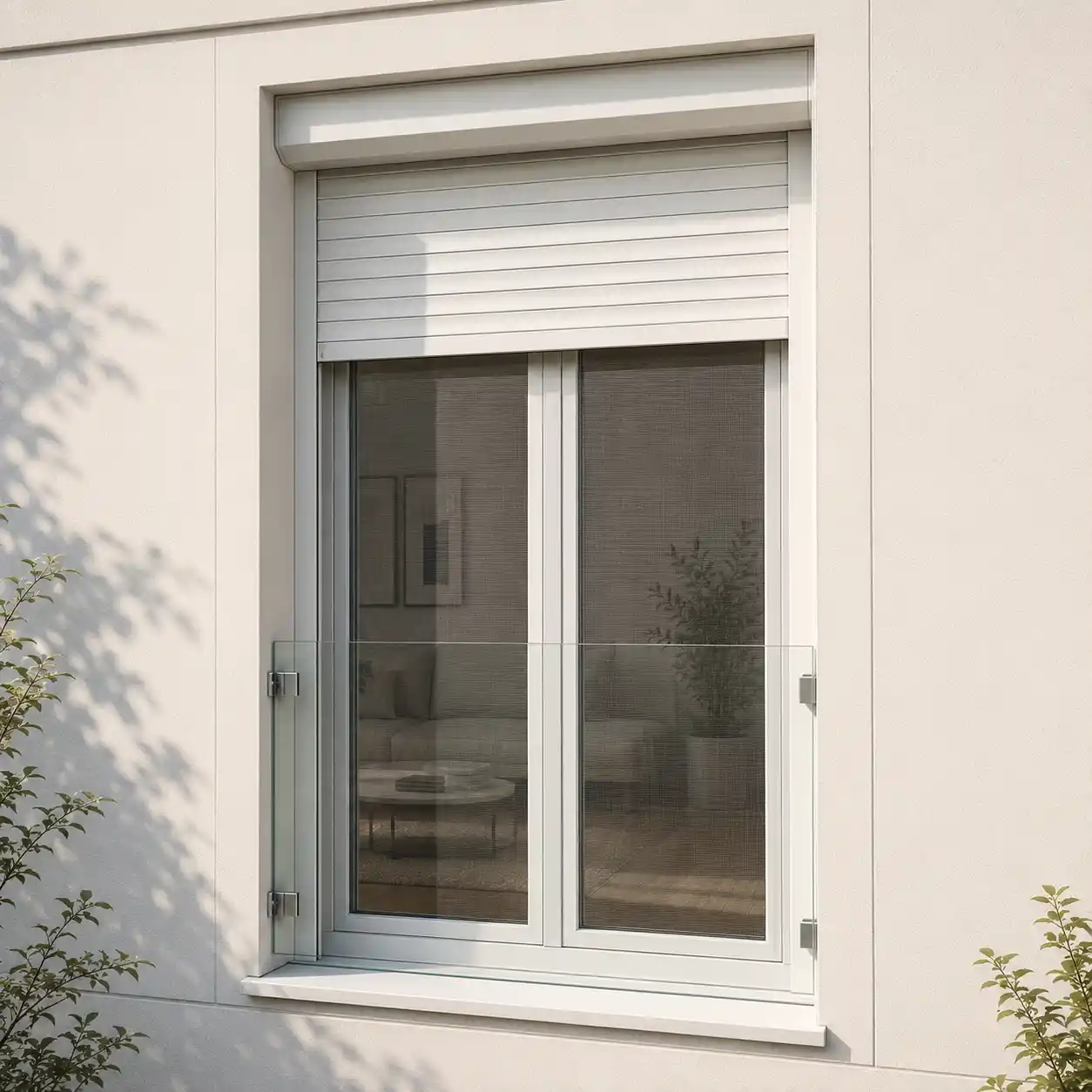 Bodentiefes Fenster mit Rollladen und integriertem Insektenschutz von ecowindow