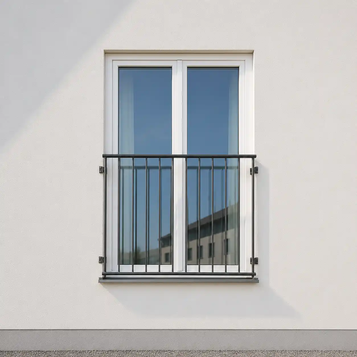Detailansicht eines bodentiefen französischen Fensters mit außen vorgesetztem Geländer als Absturzsicherung von ecowindow
