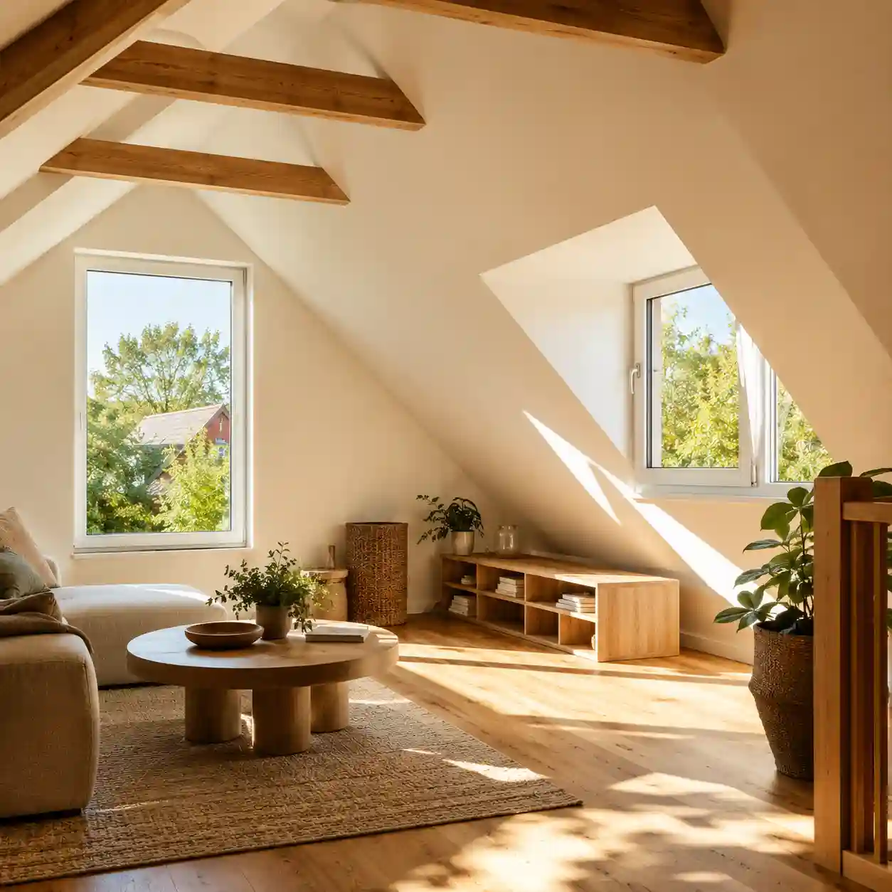 Ausgebautes Dachgeschoss mit natürlichem Tageslicht durch senkrechte Dachbodenfenster von ecowindow