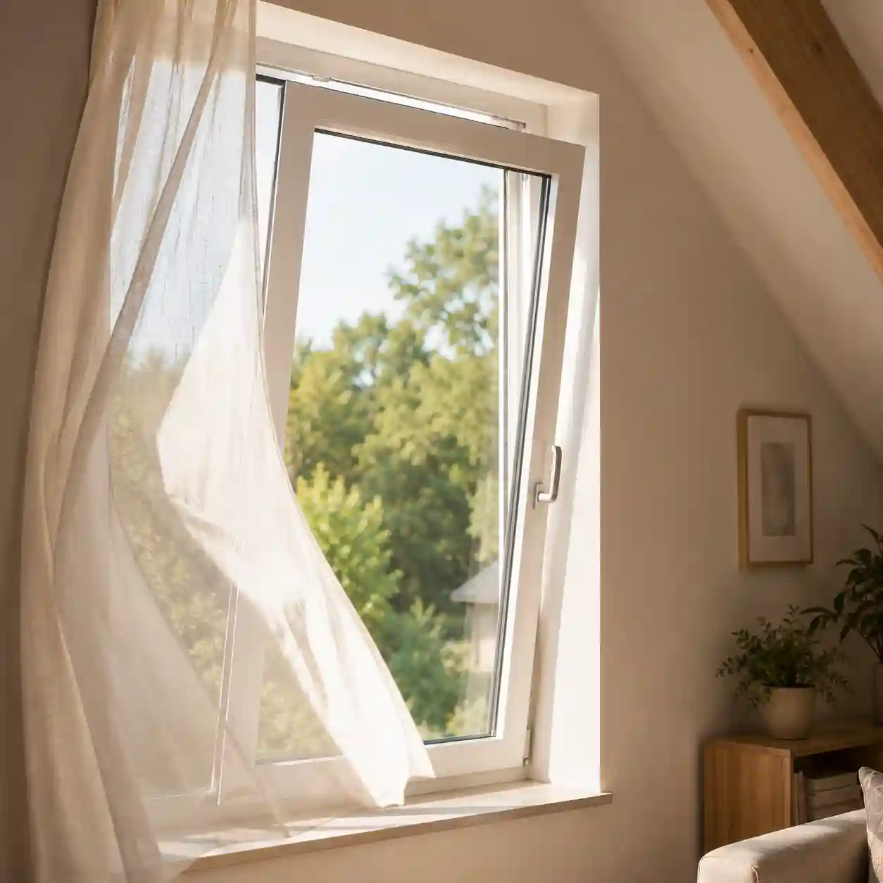Kippstellung eines Dachbodenfensters für Querlüftung im Dachgeschoss von ecowindow