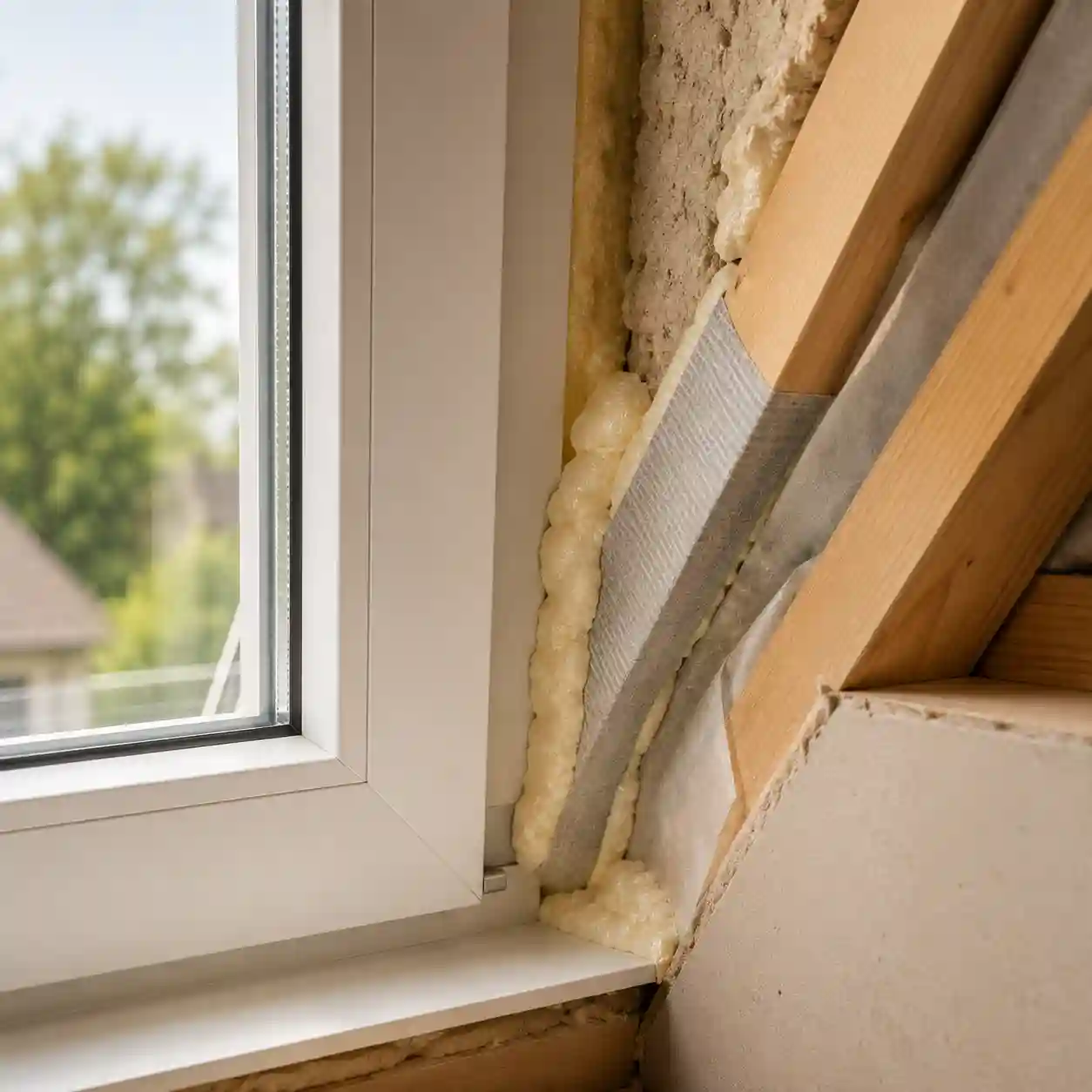 Detail eines Dachbodenfensters mit 3-fach-Verglasung und gedämmter Anschlussfuge zum Dach von ecowindow