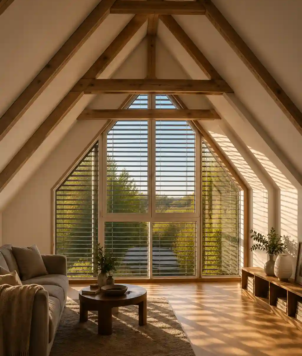 Dachbodenfenster mit außenliegendem Sonnenschutz im ausgebauten Dachgeschoss von ecowindow