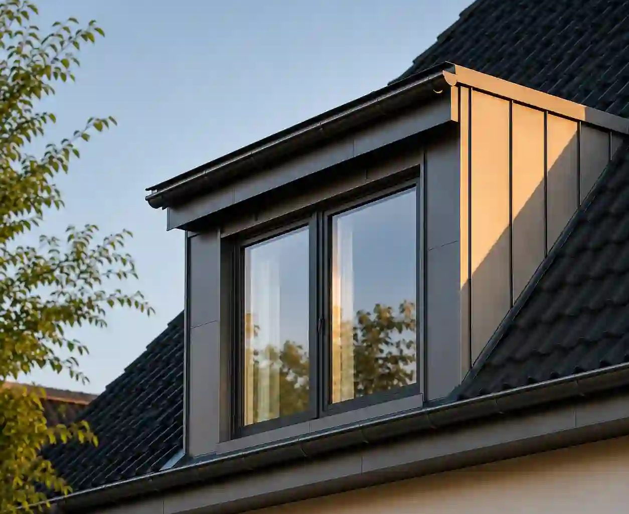 Modernes Gaubenfenster in Schleppgaube, Komplettmontage durch ecowindow