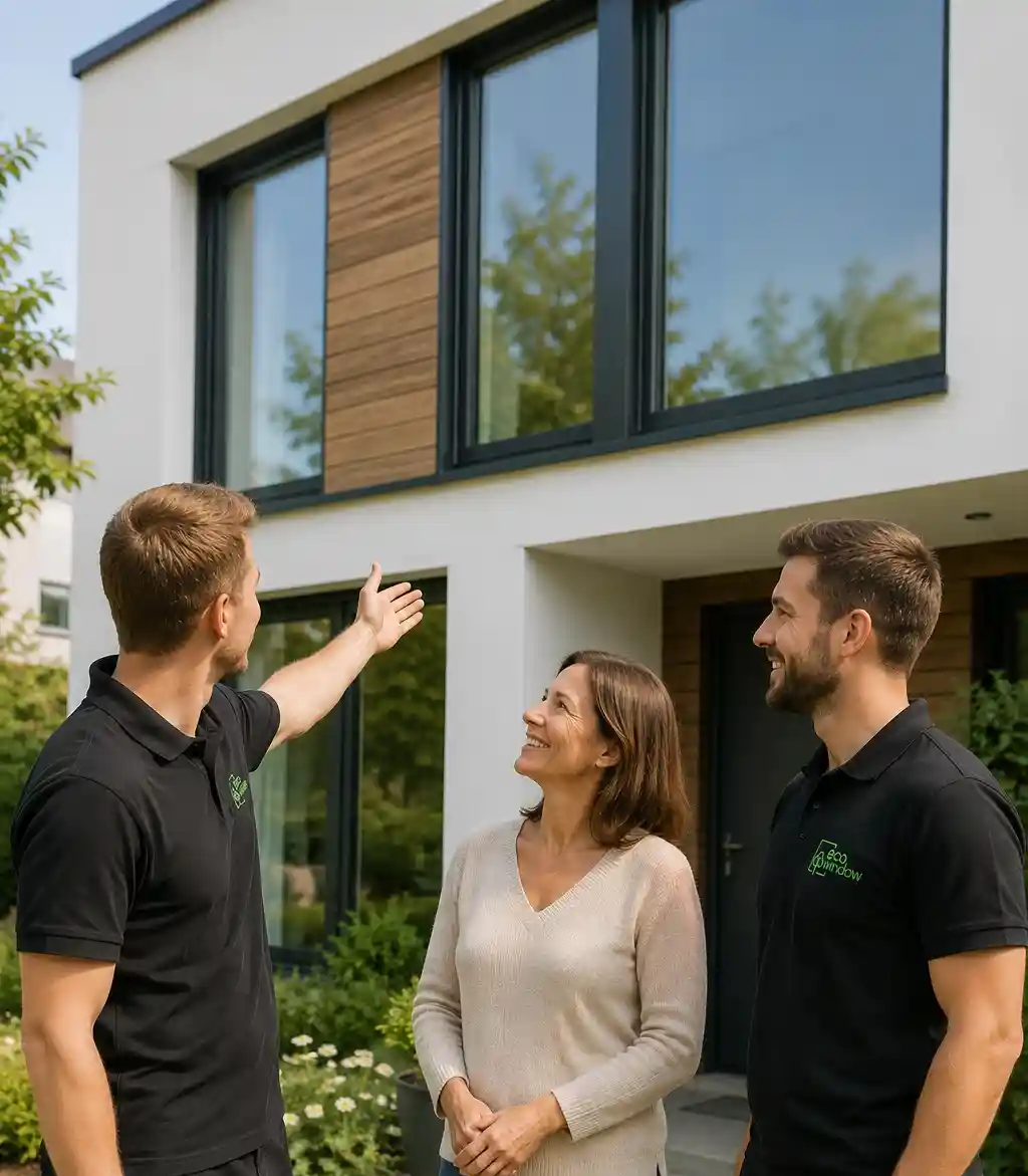 ecowindow-Monteure im Beratungsgespräch mit Kunde vor einem modernen Einfamilienhaus