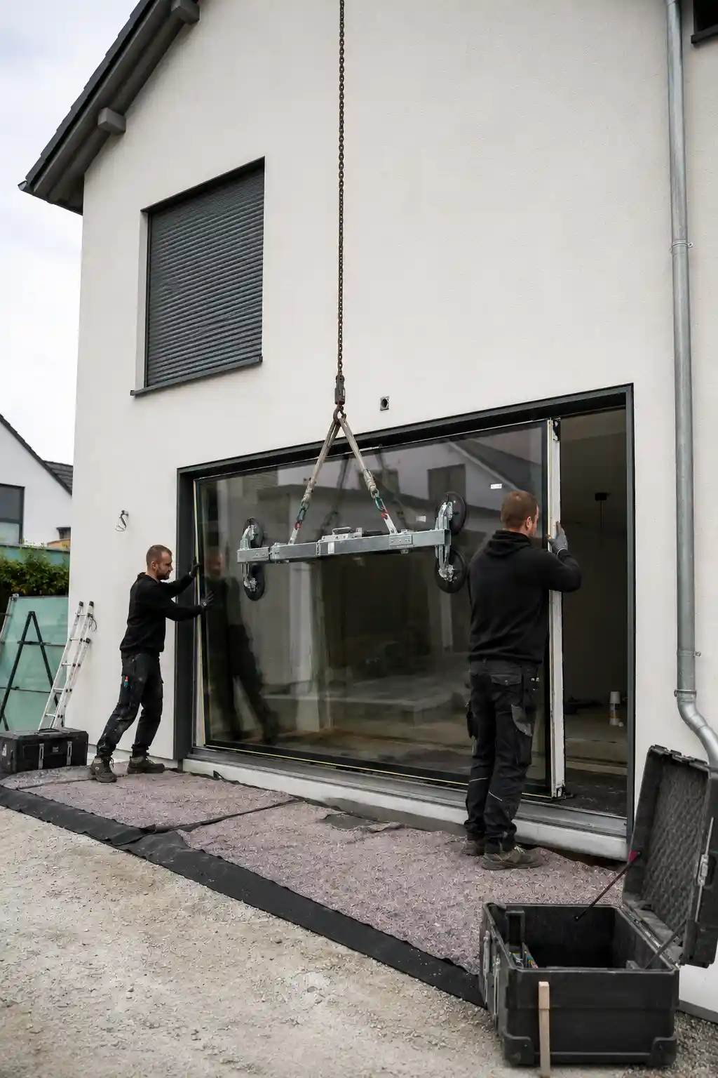 Fassaden Fenster wird mit Vakuum-Glassaugern und Traverse an die Fassade gehoben