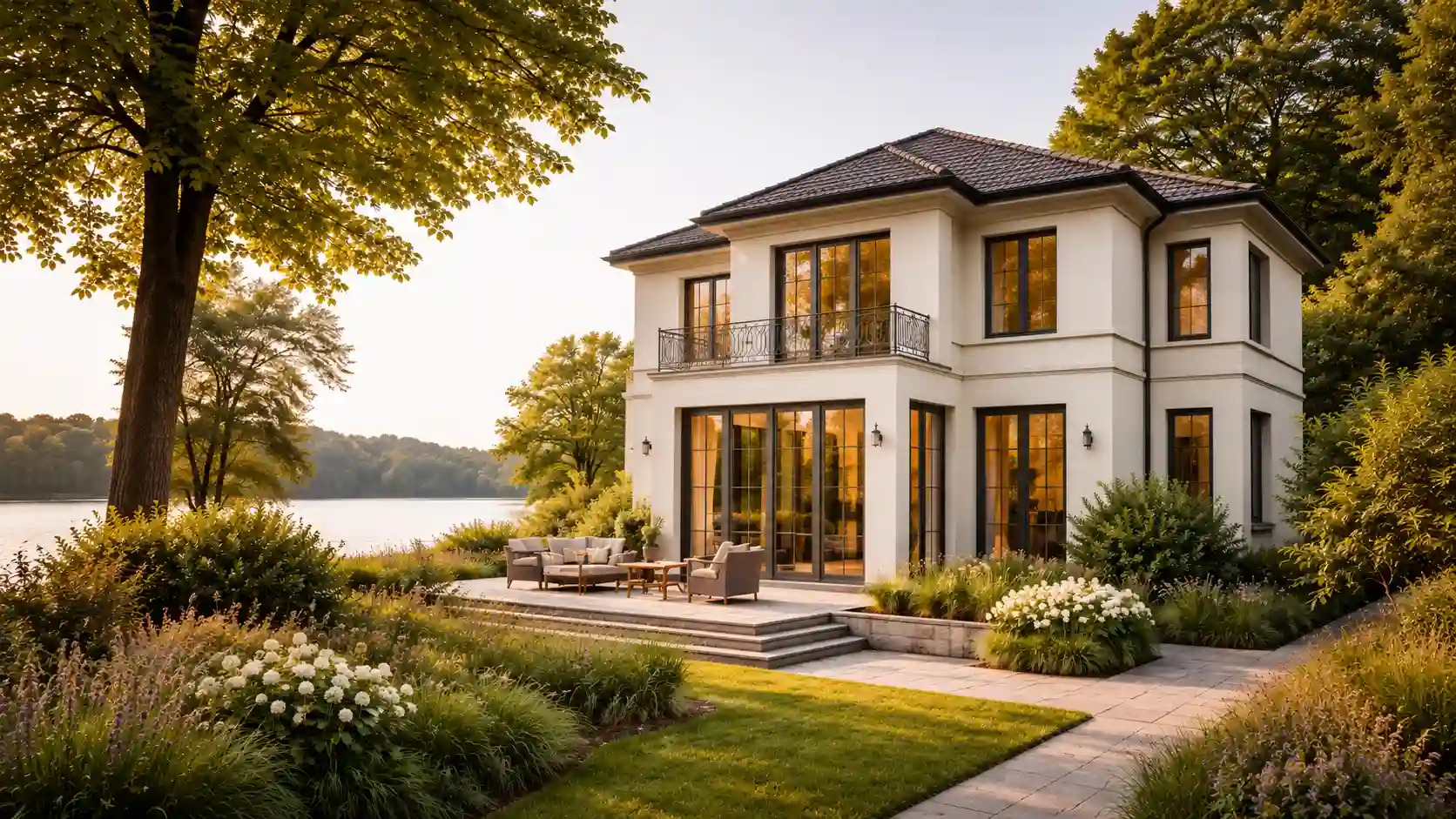 Modernes Wohnhaus am See in Strausberg mit großen Fenstern und Garten