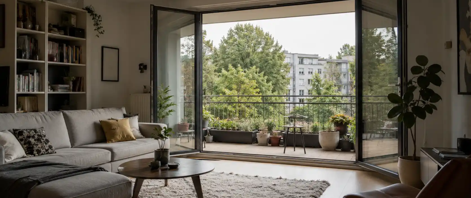 Weite Innenansicht mit offener Balkontür und Panoramablick, ecowindow