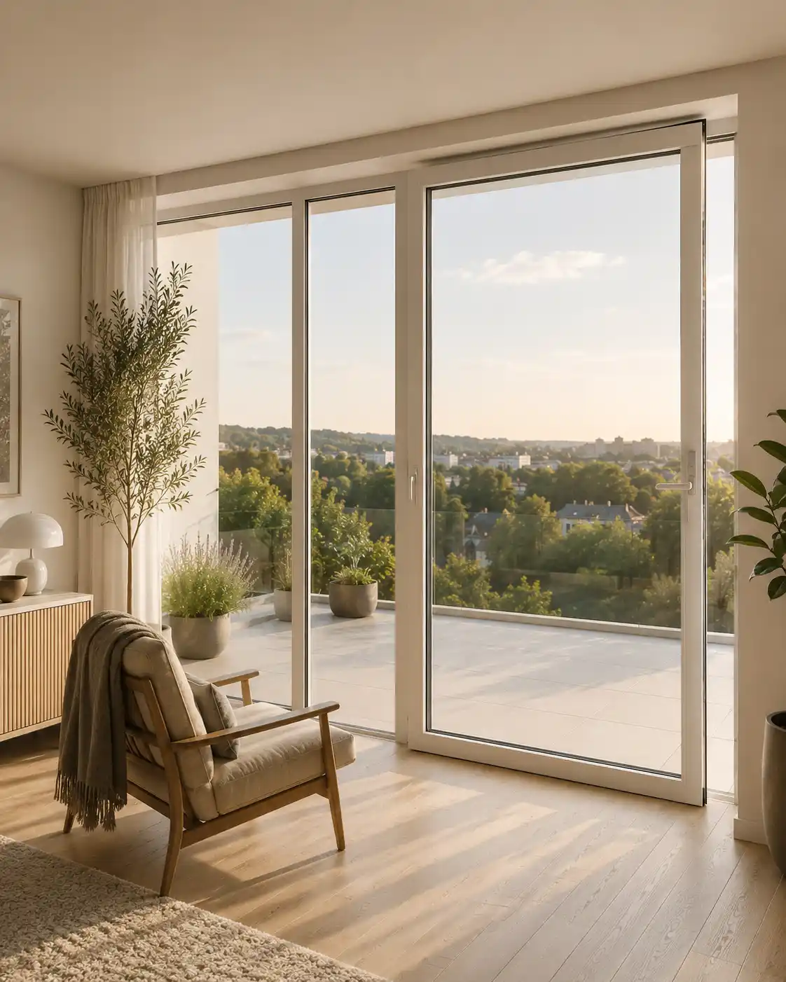 Bodentiefe Balkontür mit festem Seitenteil und weitem Ausblick, ecowindow