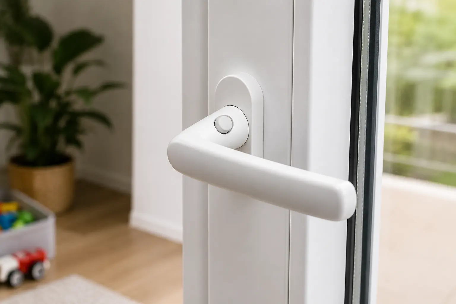 Balkontür mit Druckknopfgriff als Sicherheitsgriff, ecowindow