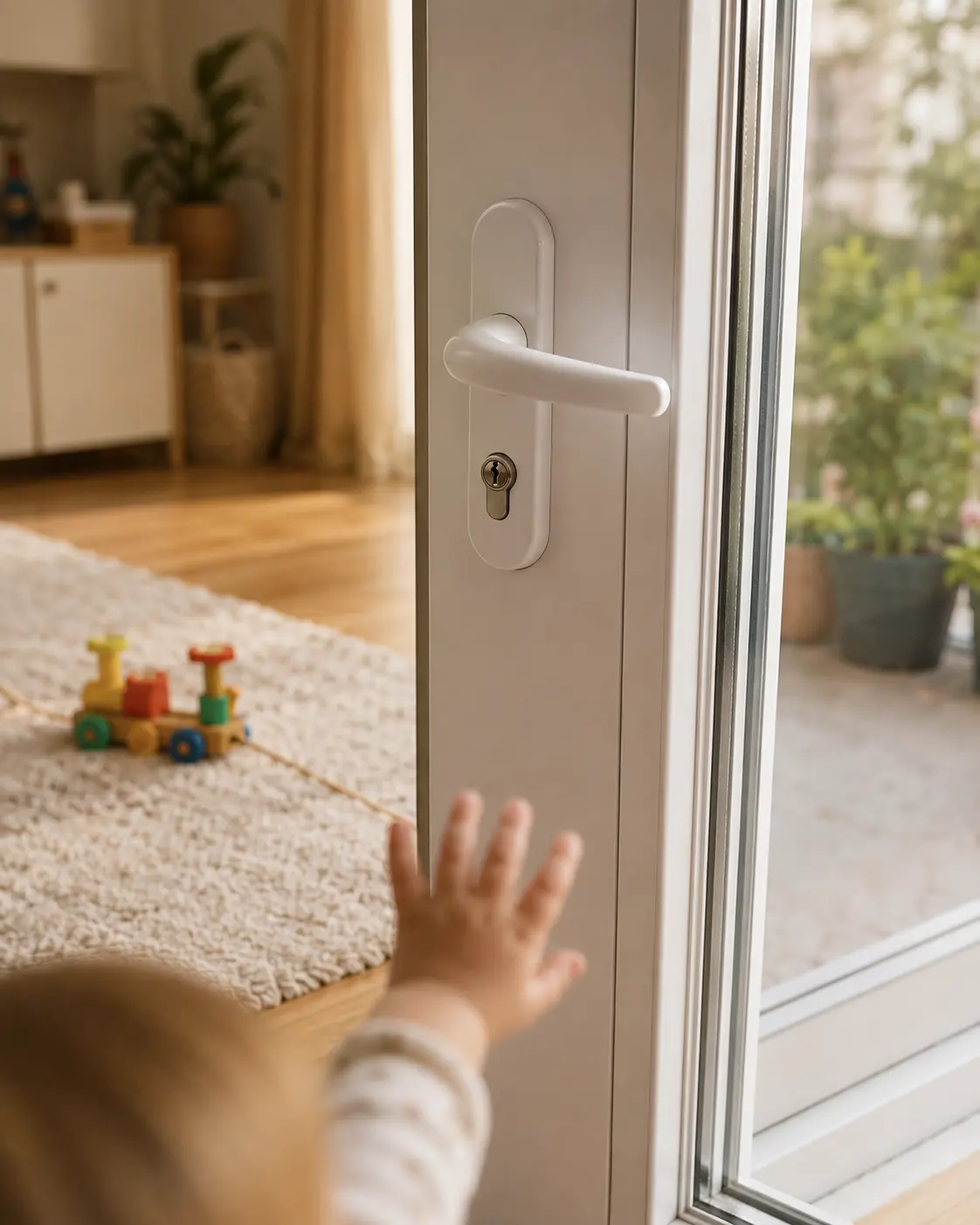 Balkontürgriff innen mit Kindersicherung, Druckknopfgriff, ecowindow