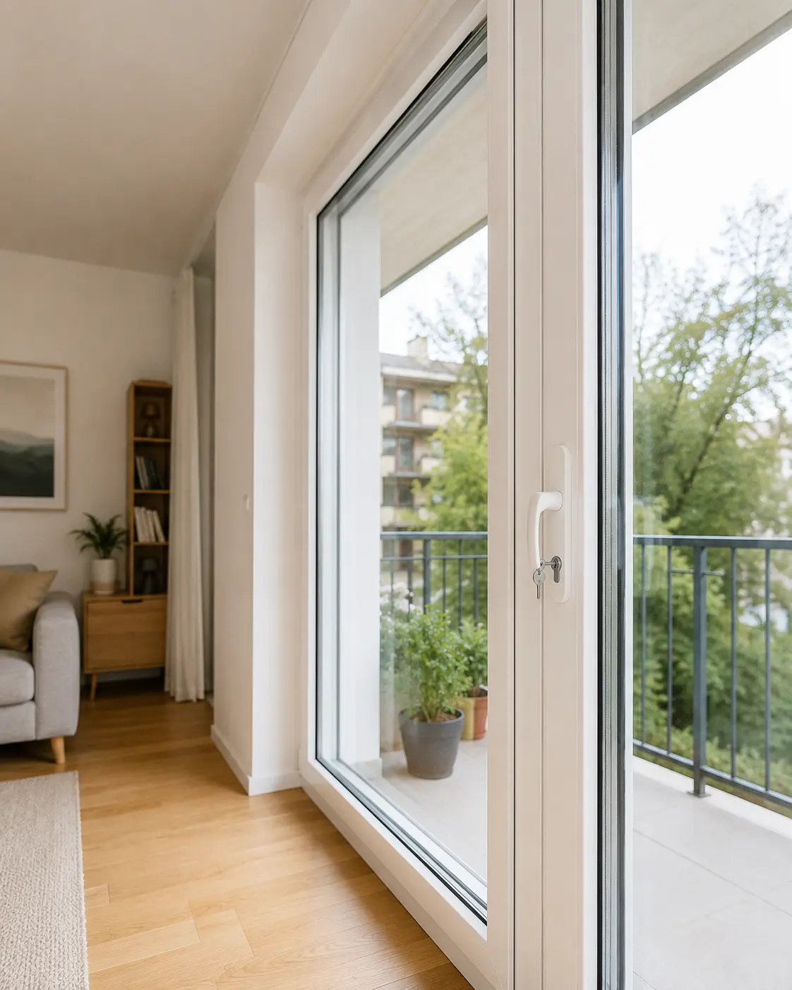 Neu eingebaute Balkontür mit Schloss und modernem Sicherheitspaket, ecowindow