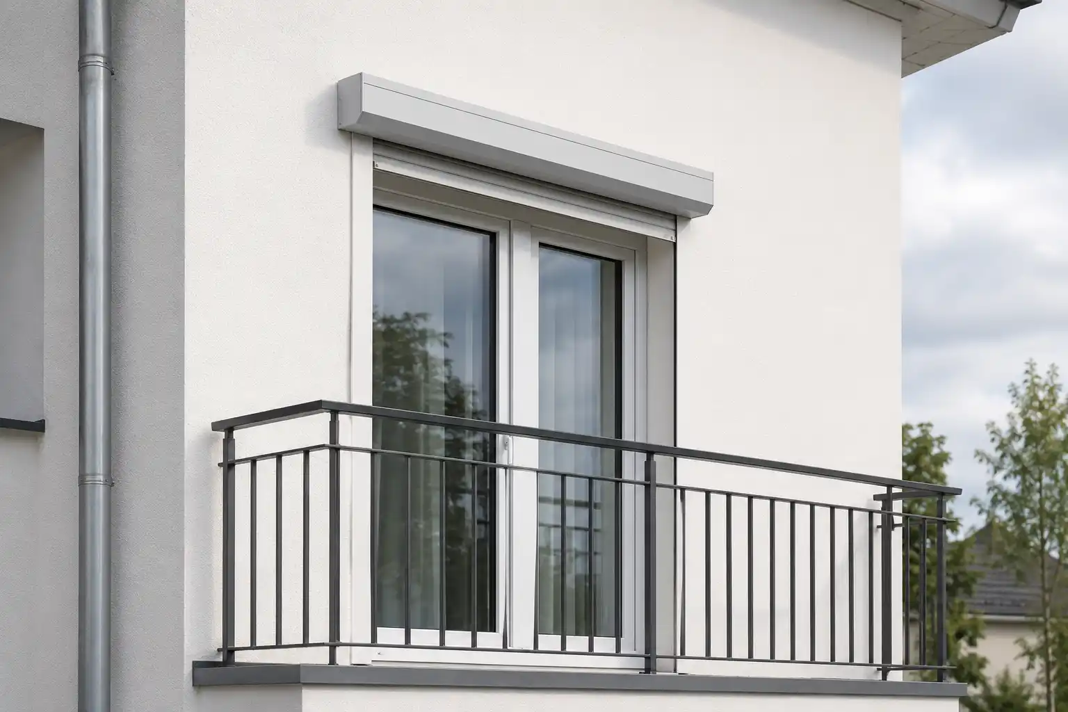 Vorbaurollladen an einer Balkontür, Kasten sitzt außen vor der Fassade, ecowindow