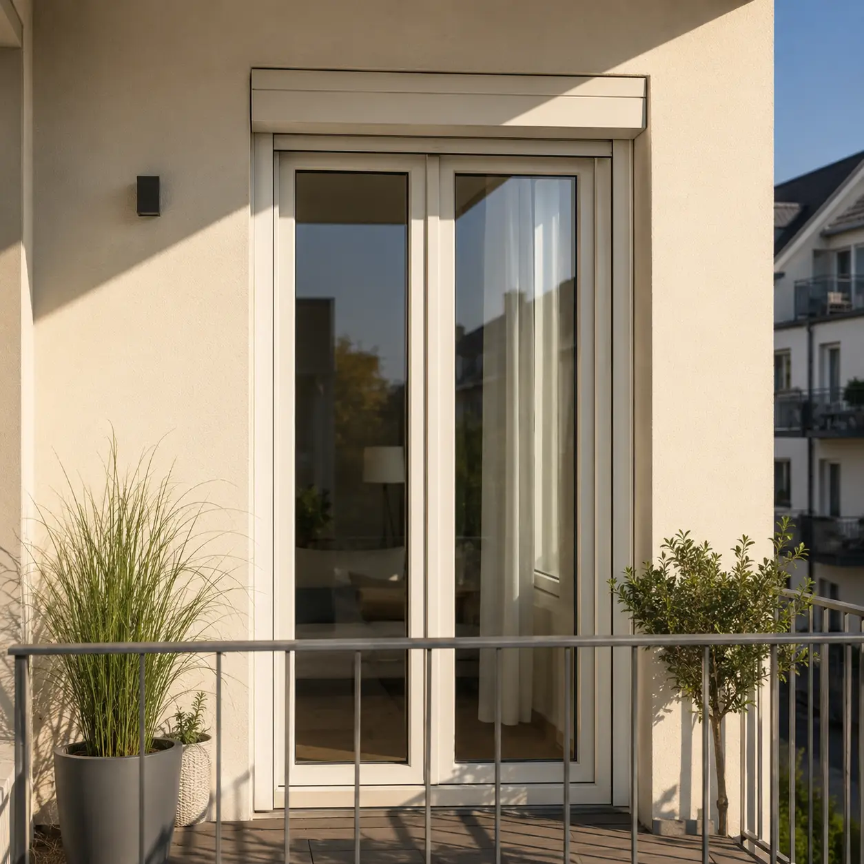 Balkontür mit Aufsatzrollladen Bodentiefe Balkontür mit integriertem Aufsatzrollladenkasten oben, ecowindow