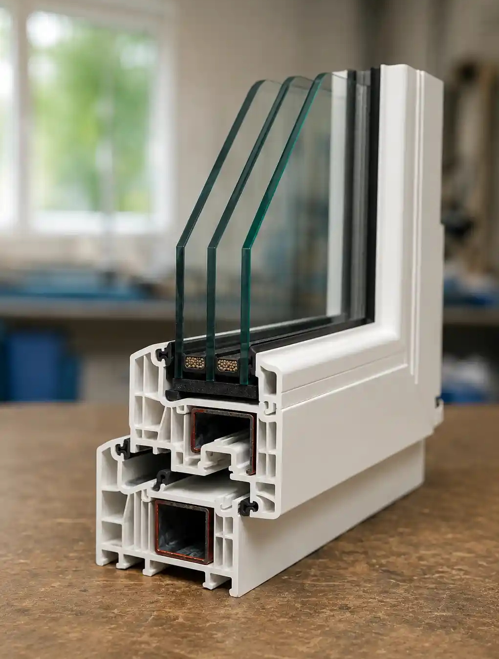 Dreifachverglasung im Schnitt fuer ein Wohnraumfenster von ecowindow