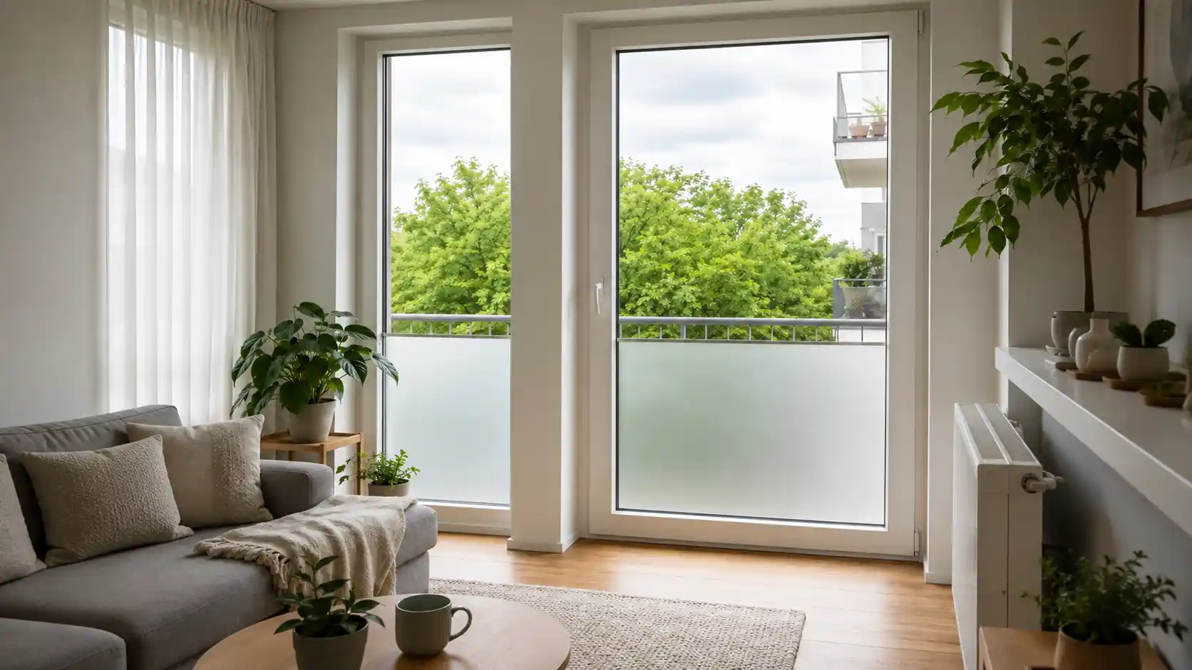 Balkonfenster mit satiniertem unteren Feld als Sichtschutz von ecowindow