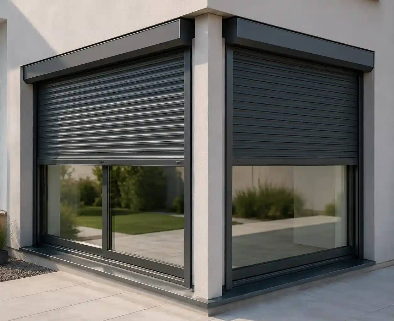 Eckfenster mit Rollladen auf beiden Fassadenseiten und Fuehrungsschiene an der Ecke von ecowindow