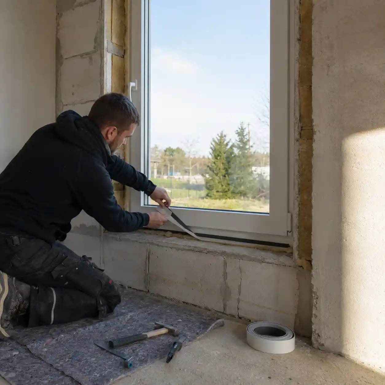 Monteur beim fachgerechten Anschluss eines neuen Hausfensters an die Laibung von ecowindow