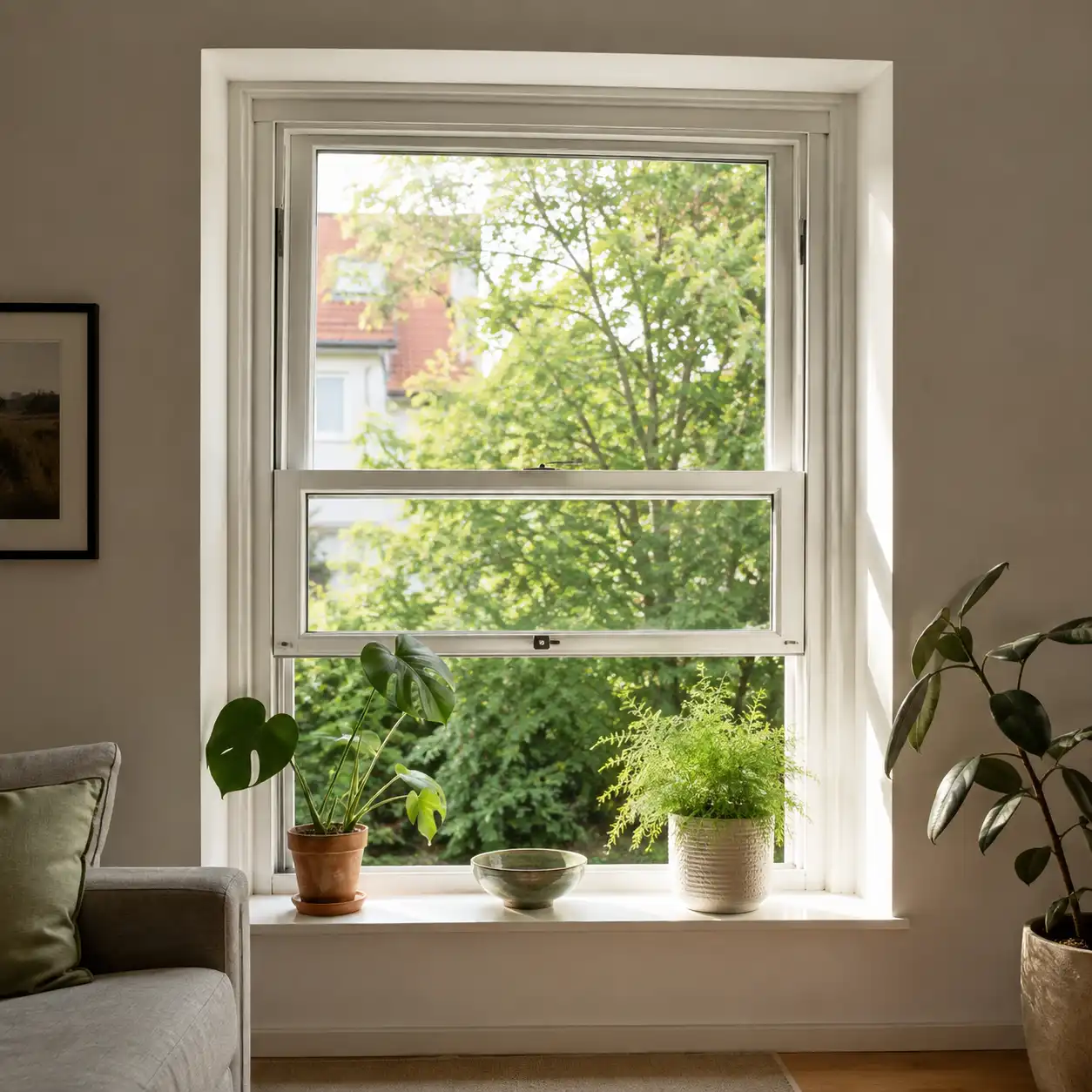 Weißes Hochschiebefenster mit hochgeschobenem unterem Flügel in einer Wohnraumfassade von ecowindow