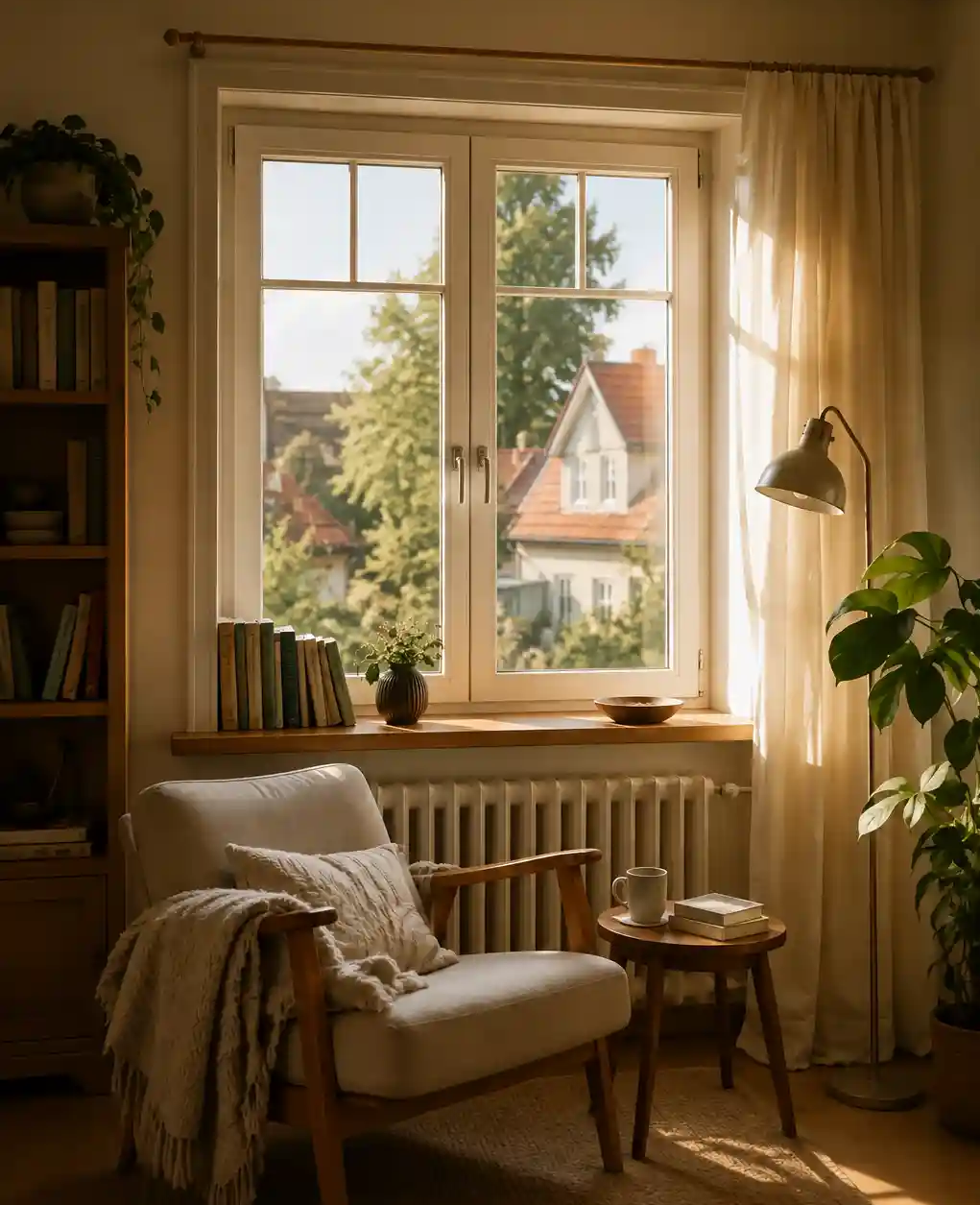Gemuetliches Wohnzimmer mit zweifluegeligem Wohnraumfenster und Fensterbank von ecowindow