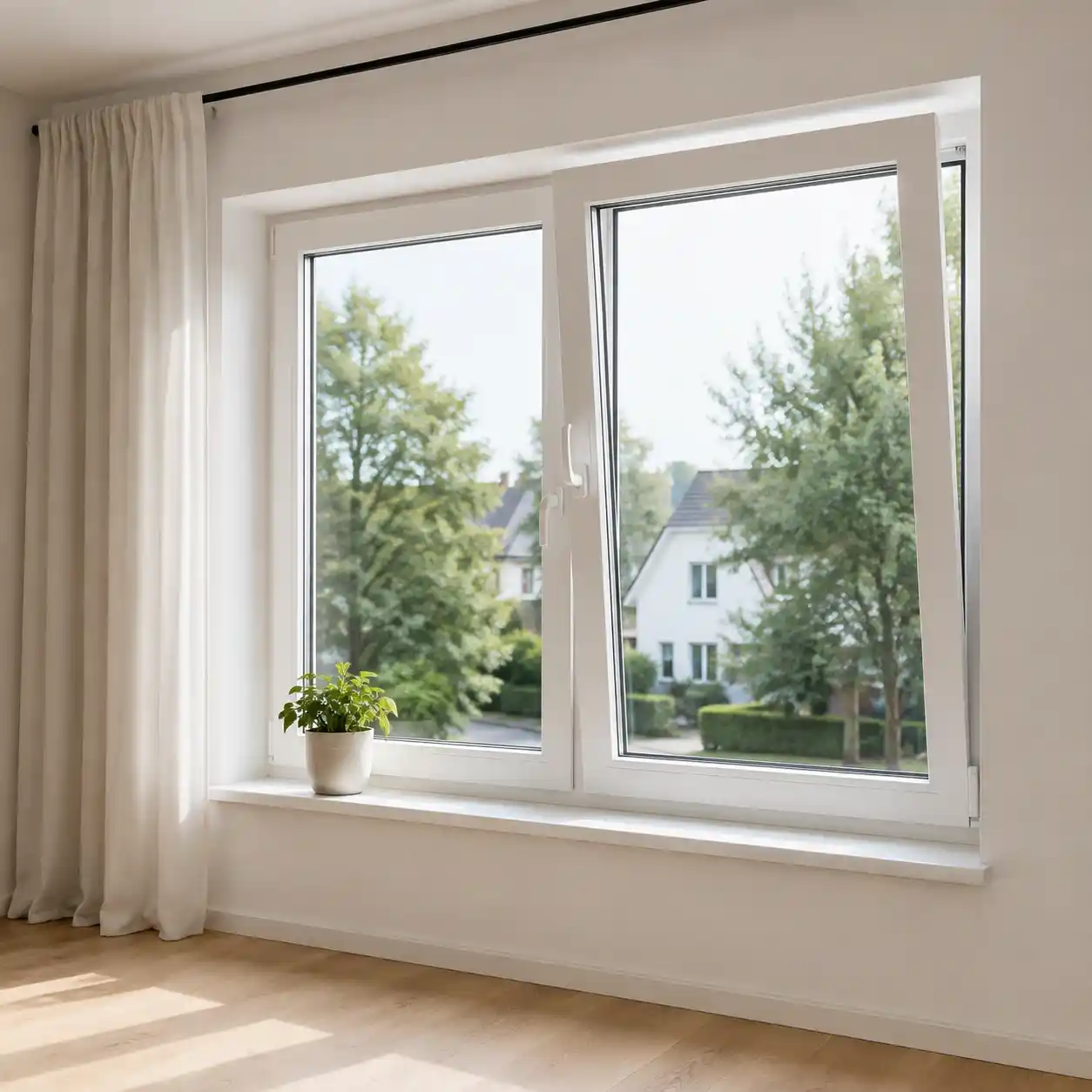 Neu eingebautes weißes Zimmerfenster mit zwei Flügeln in einem hellen Wohnraum