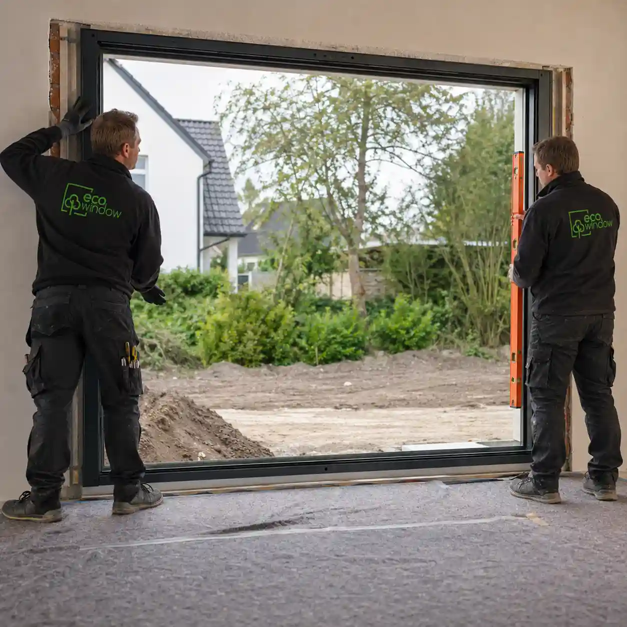 ecowindow Monteure setzen ein neues Fenster mit Floatglas Verglasung ein