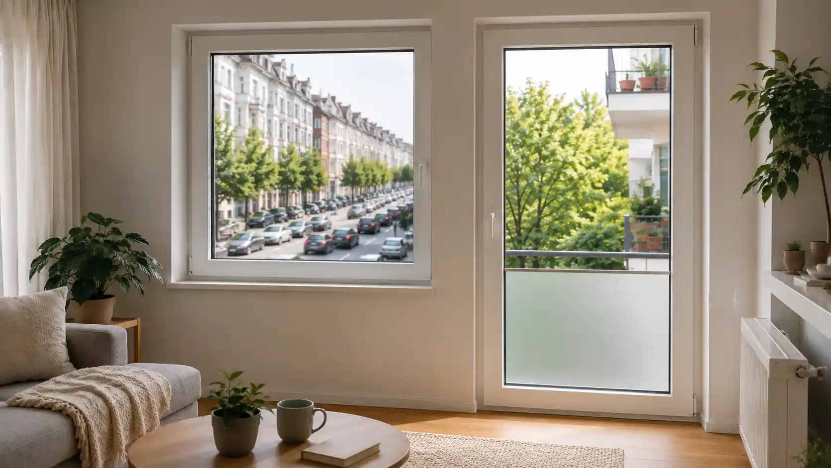 Balkonfenster mit Schallschutzverglasung an einer Straßenseite von ecowindow