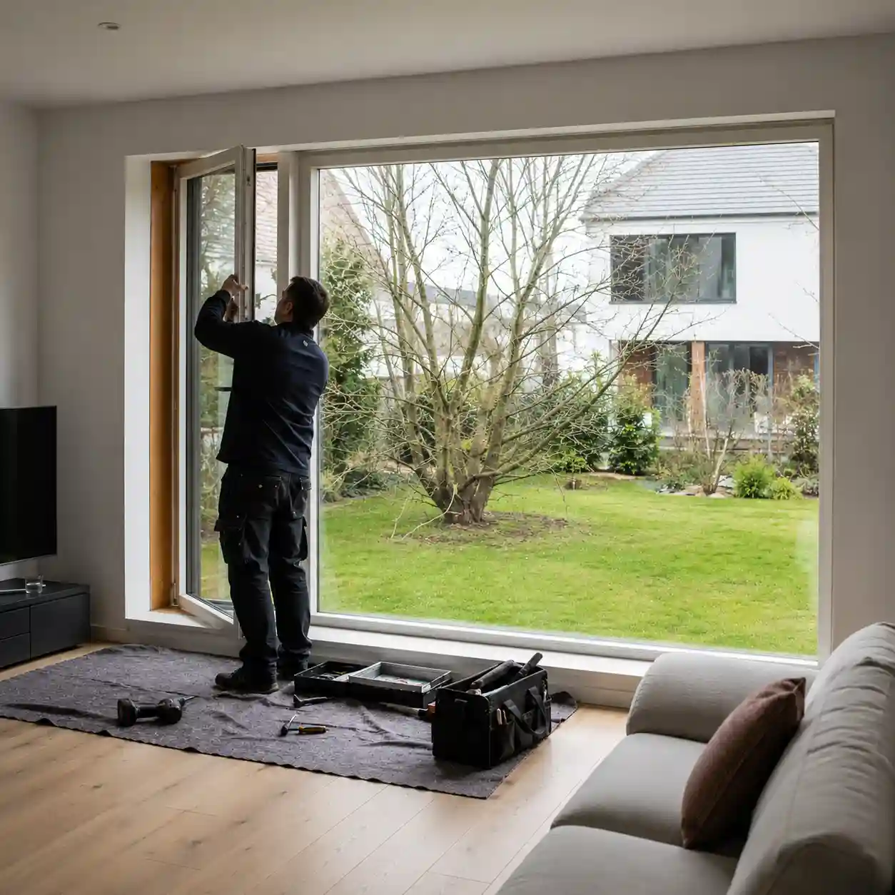 Großes Wohnzimmerfenster mit Festfeld und schmalem Flügel, geplant von ecowindow