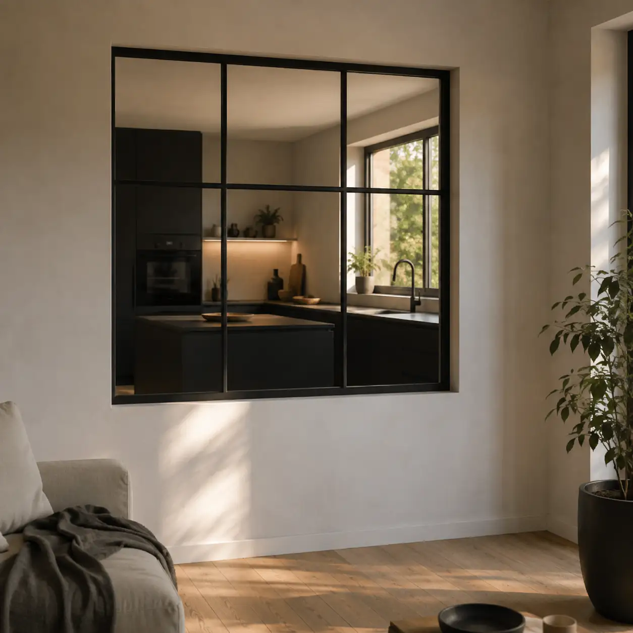 Schwarzes Loftfenster mit feiner Sprossenteilung als Raumteiler zwischen Küche und Wohnraum von ecowindow