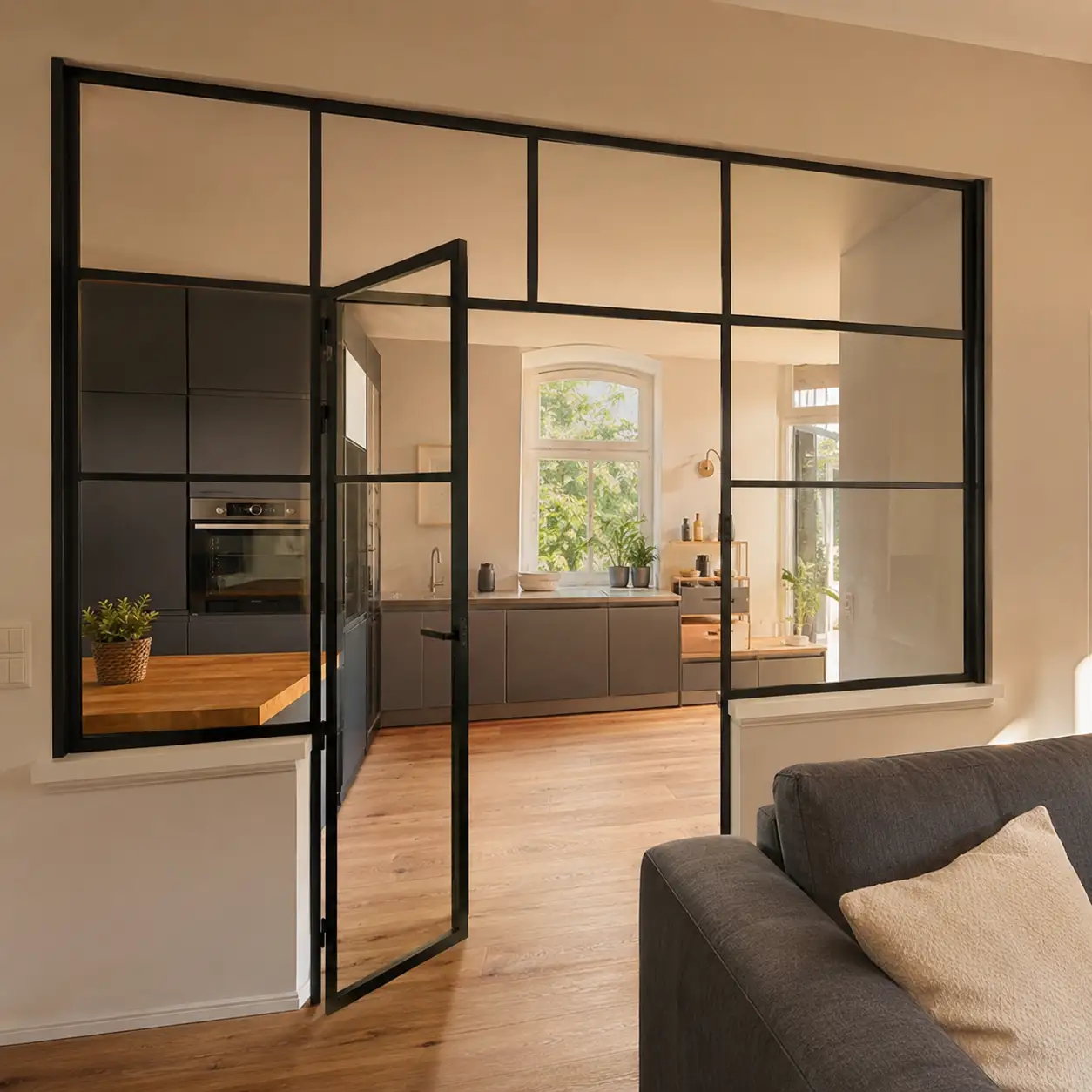Schwarzes Loftfenster mit Sprossen in der Wand zwischen Küche und Wohnraum von ecowindow