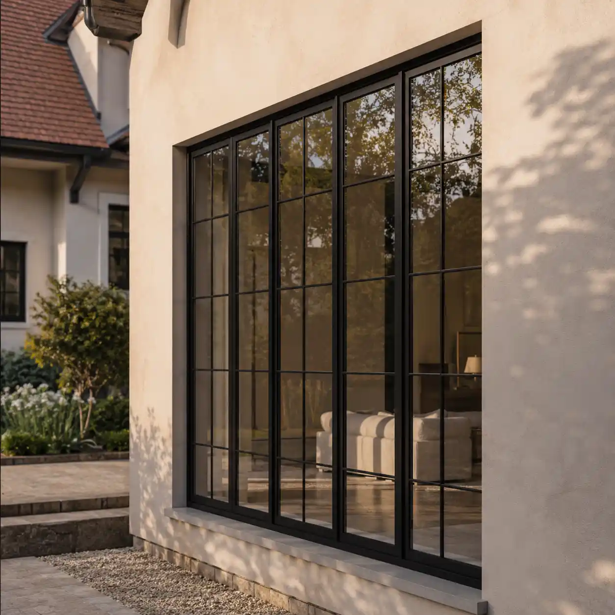 Schwarzes Stahlfenster mit sehr schmalen Profilen und feiner Sprossenteilung von ecowindow