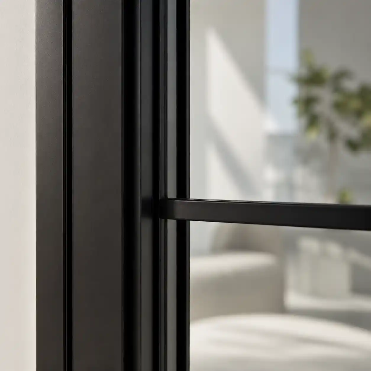 Nahaufnahme eines sehr schmalen schwarzen Stahlprofils am Fenster von ecowindow