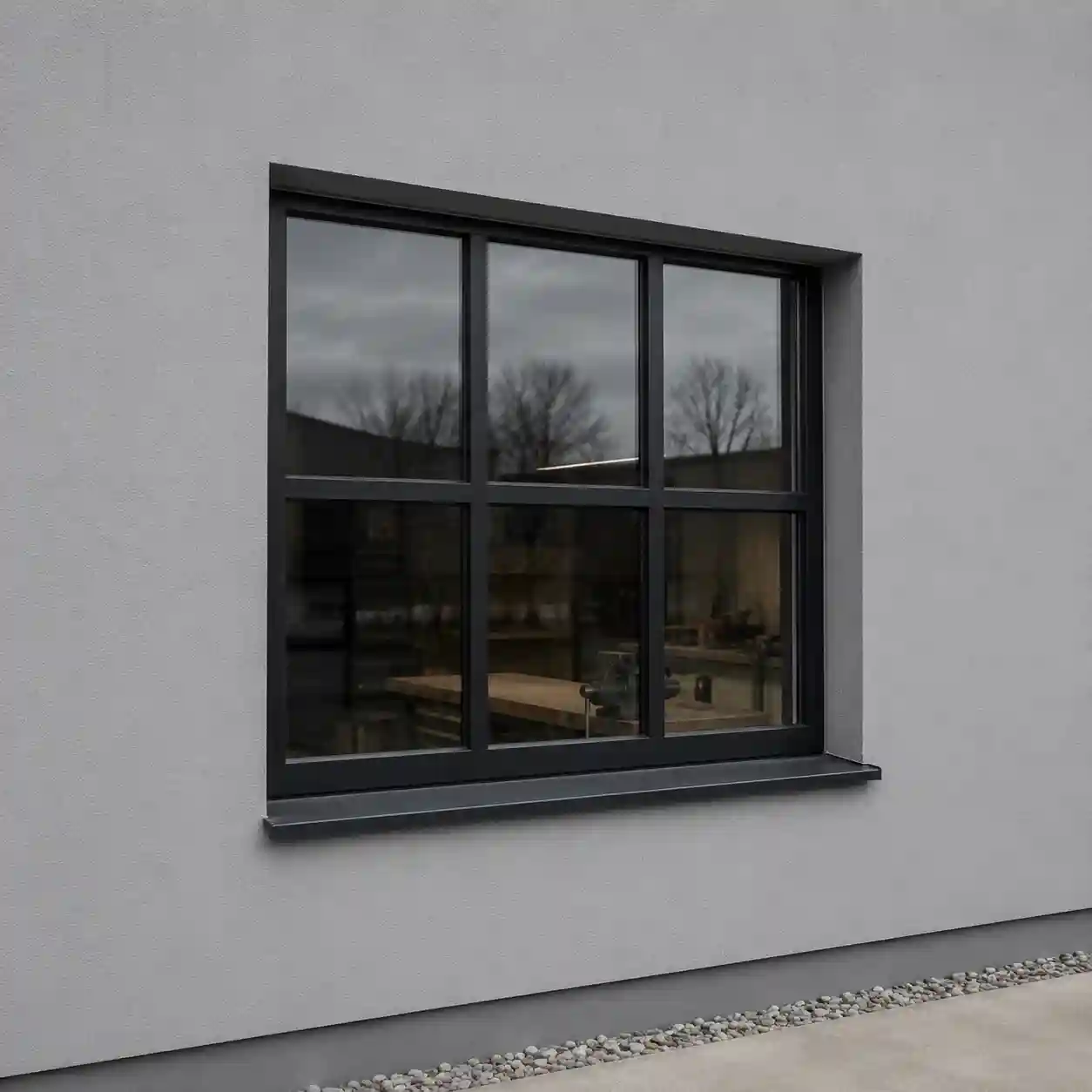 Pulverbeschichtetes Stahlfenster an einem Werkstattgebäude von ecowindow