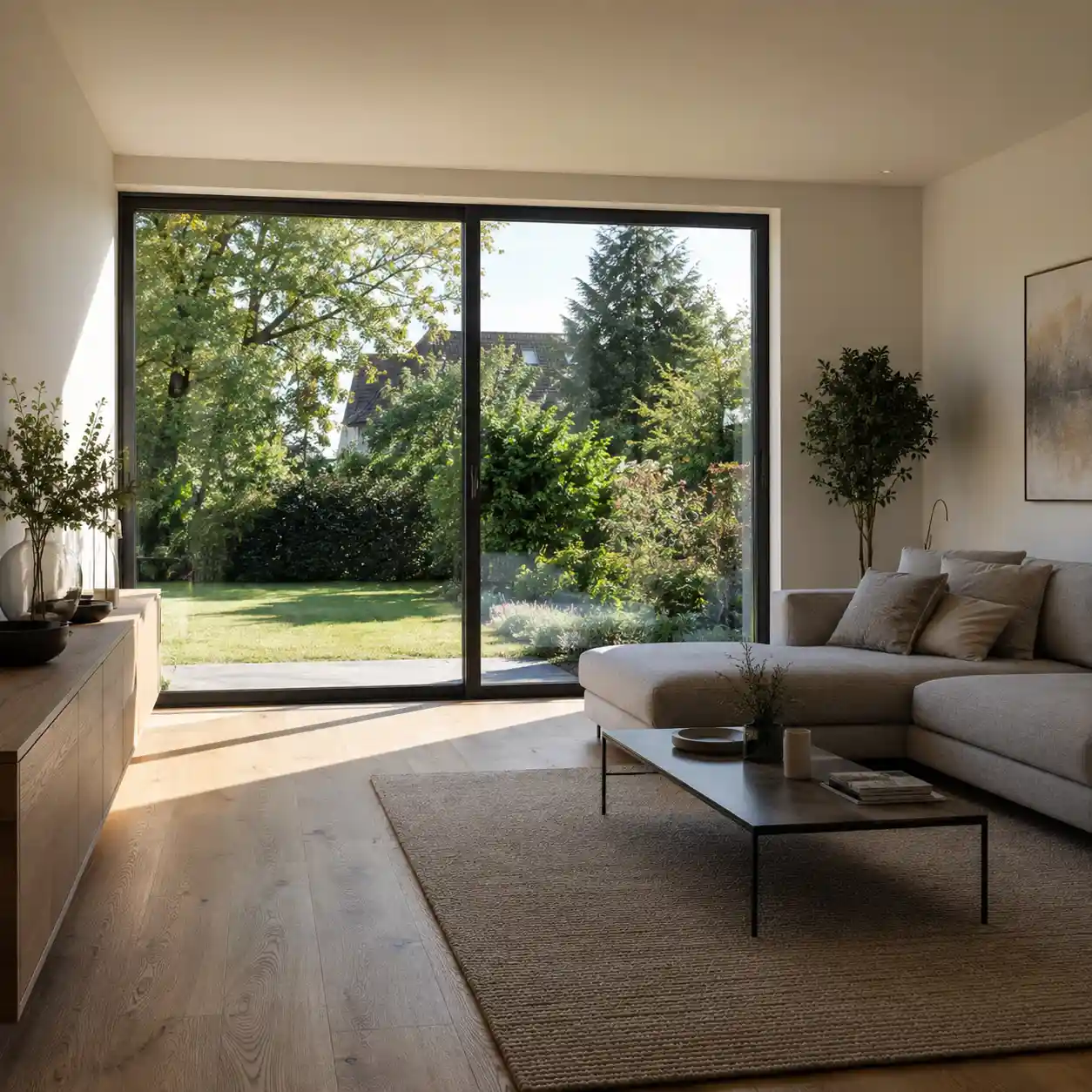 Helles Wohnzimmer mit großem bodentiefen Wohnzimmerfenster nach Maß von ecowindow