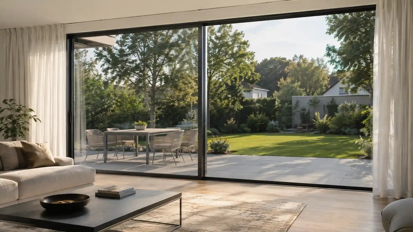 Bodentiefes Wohnzimmerfenster zur Terrasse, eingebaut von ecowindow