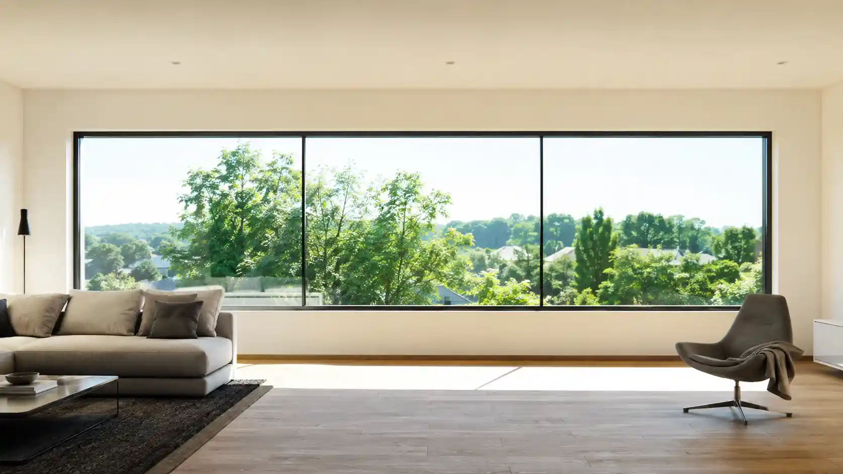Wohnzimmerfenster als Lichtband über die ganze Wandbreite von ecowindow