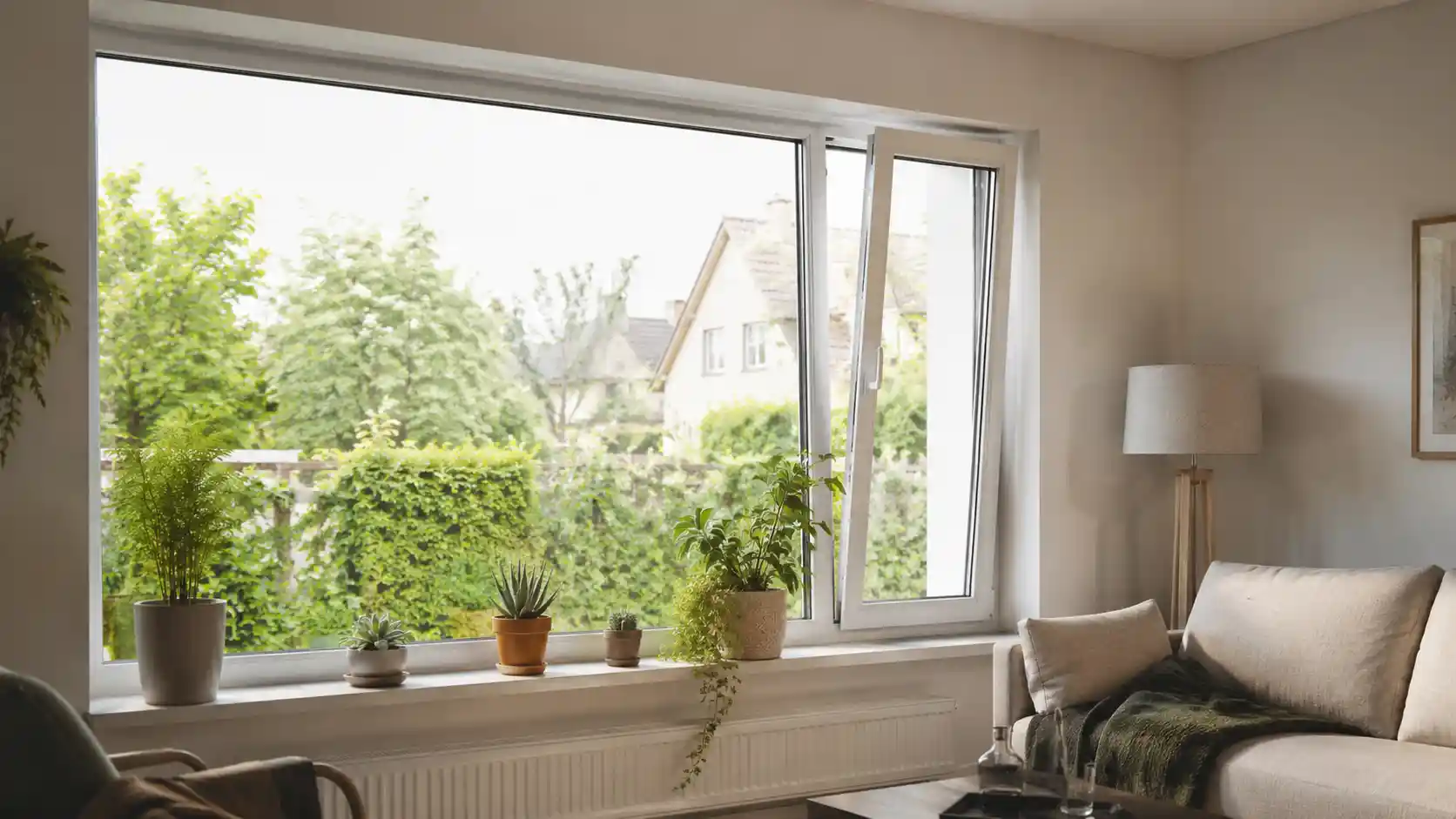 Großes Wohnzimmerfenster mit Festverglasung und schmalem Lüftungsflügel von ecowindow