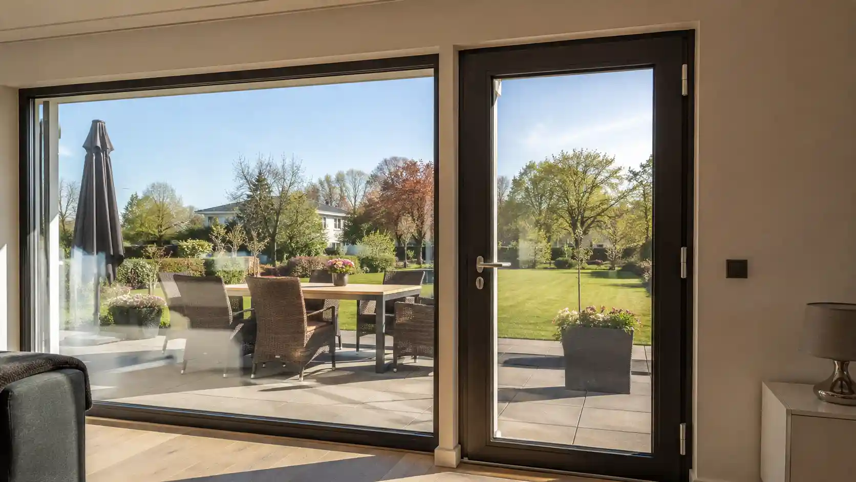 Bodentiefes Hausfenster mit Zugang zur Terrasse von ecowindow