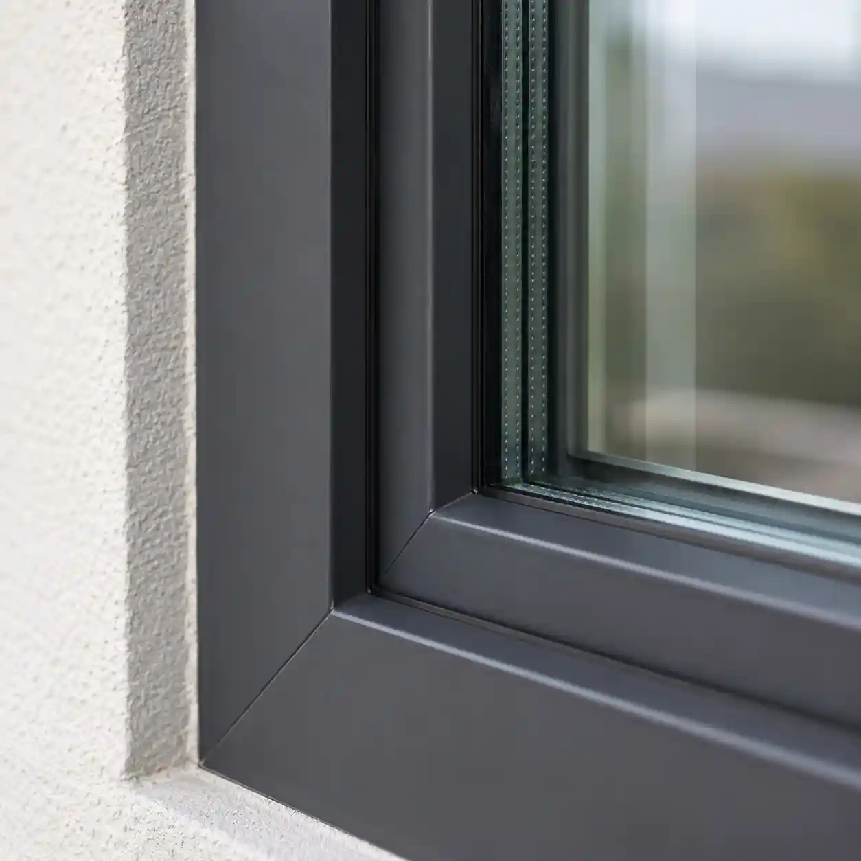 Hausfenster aus Kunststoff in Anthrazit an einer verputzten Fassade von ecowindow