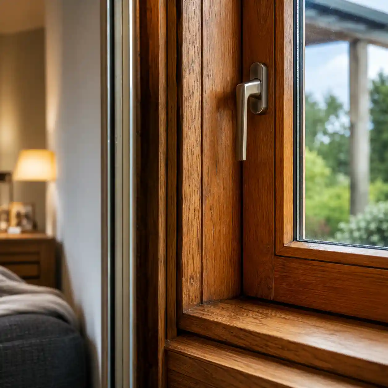 Hausfenster aus Holz mit sichtbarer Struktur im Innenraum von ecowindow