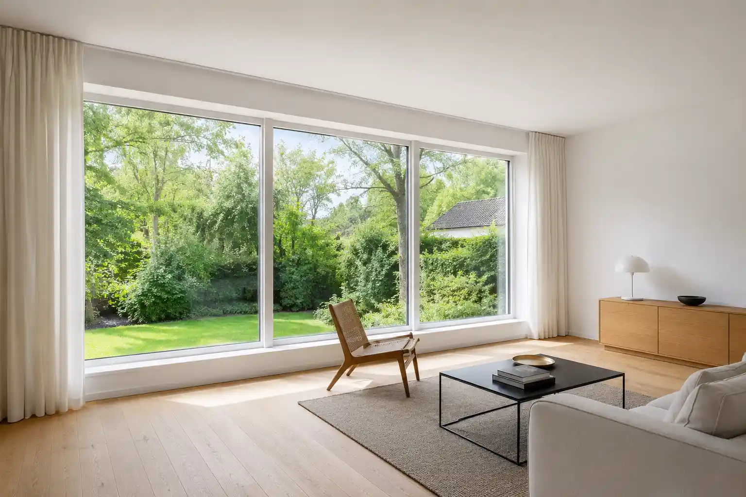 Heller Raum mit Weißglas Heller Wohnraum mit großer Glasfläche aus Weißglas von ecowindow und neutralen Farben