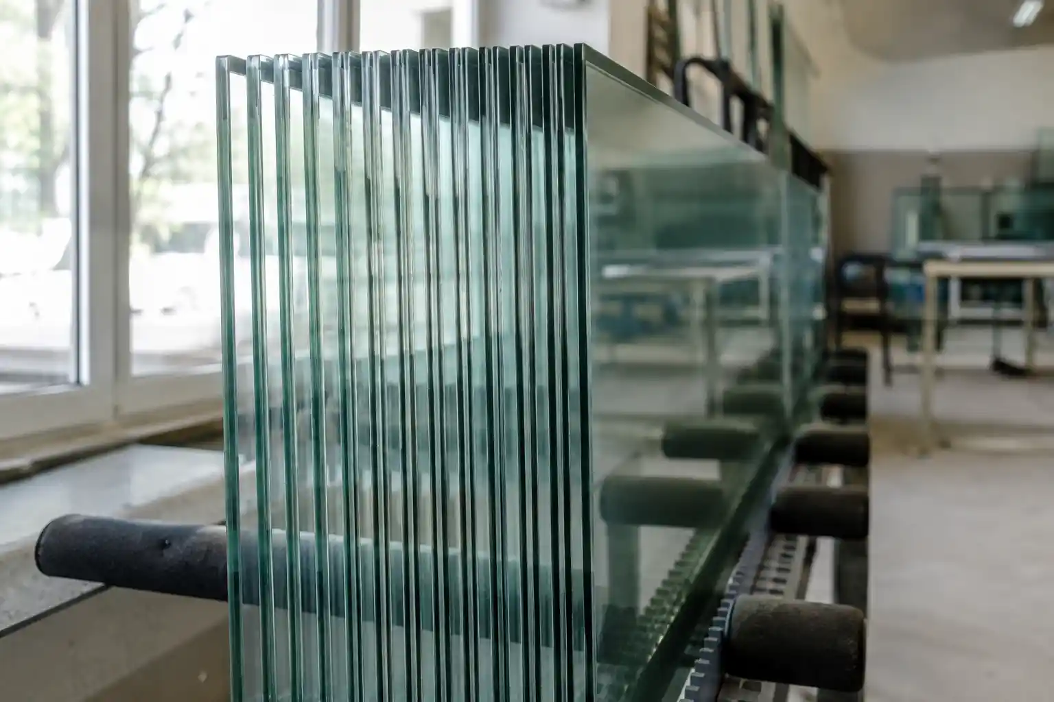 Glaskanten im Stapel Gestapelte Glasscheiben mit sichtbaren Kanten im Tageslicht
