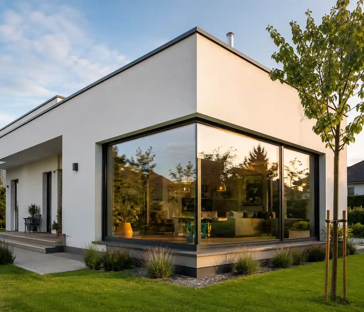 Bodentiefes Eckfenster ueber Eck an einem modernen Wohnhaus von ecowindow