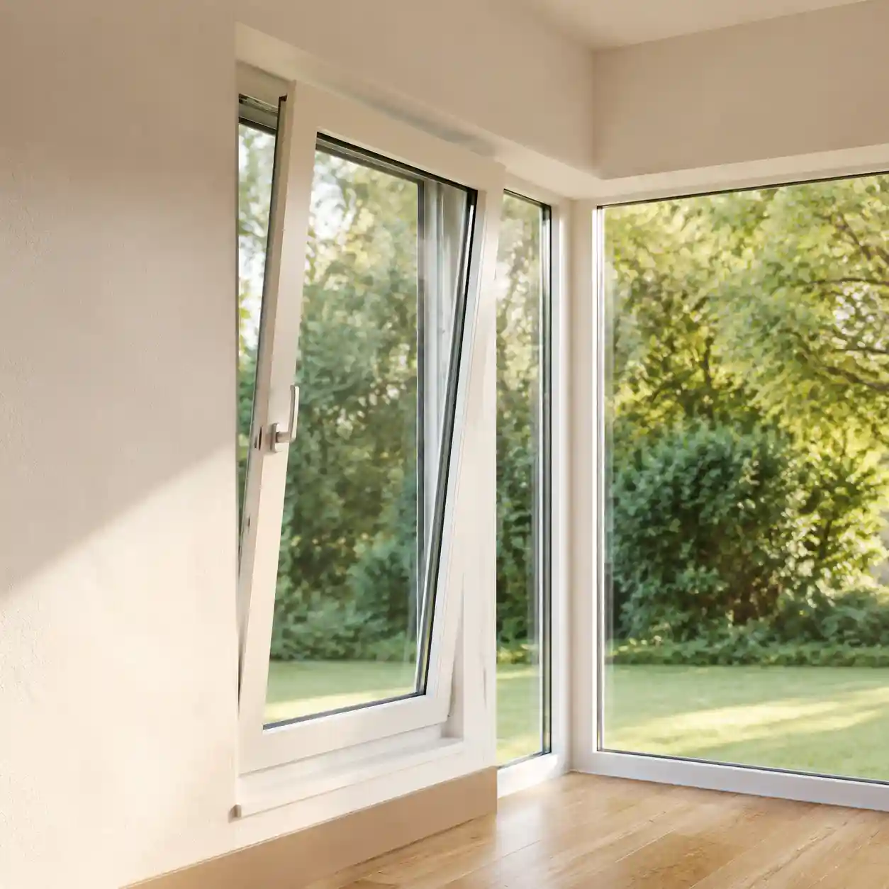 Eckfenster mit gekipptem Dreh-Kipp-Fluegel neben der Ecke von ecowindow