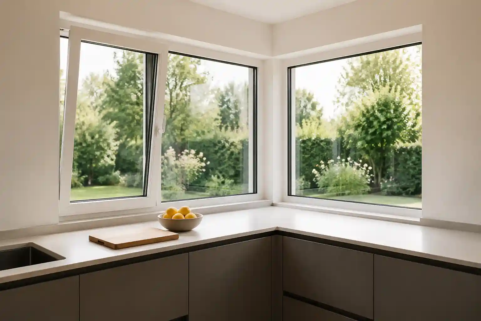 Eckfenster ueber der Arbeitsplatte in einer Kuechenecke von ecowindow