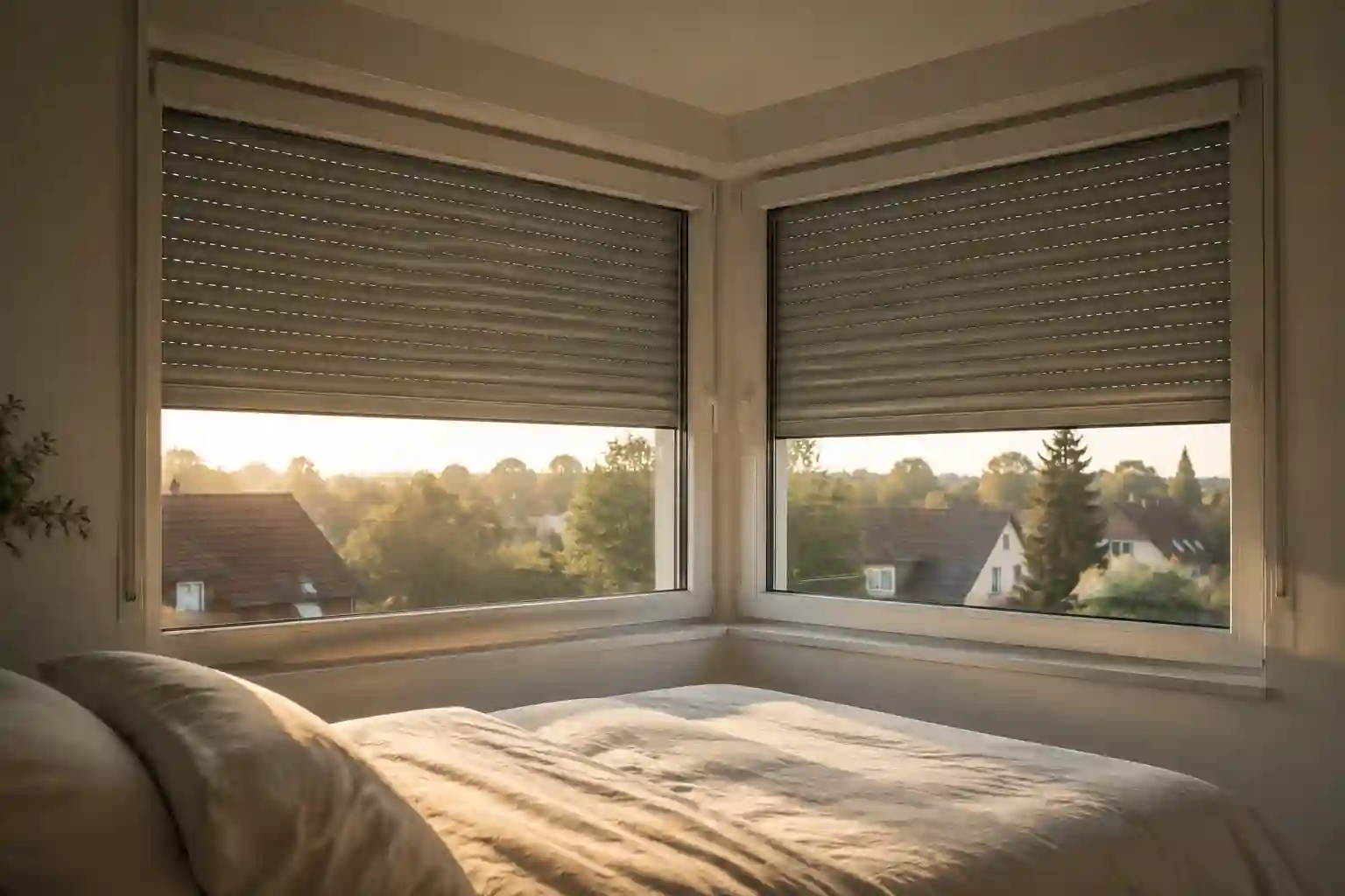 Eckfenster im Schlafzimmer im Obergeschoss mit Rollladen von ecowindow