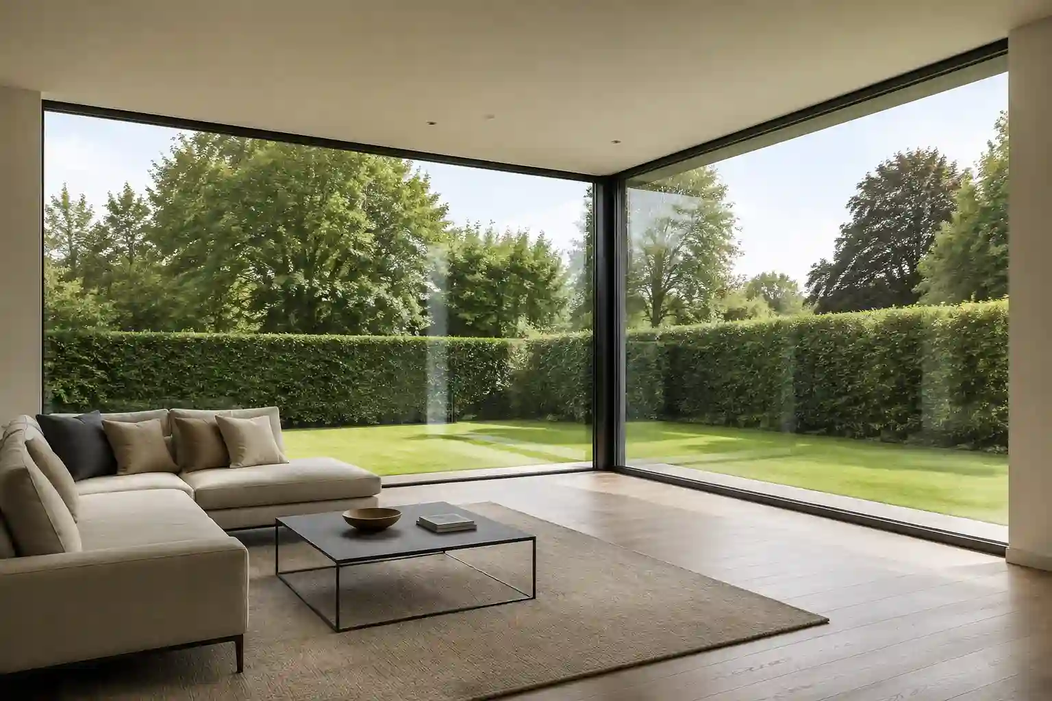Bodentiefes Eckfenster ueber Eck im Wohnraum mit Blick in den Garten von ecowindow