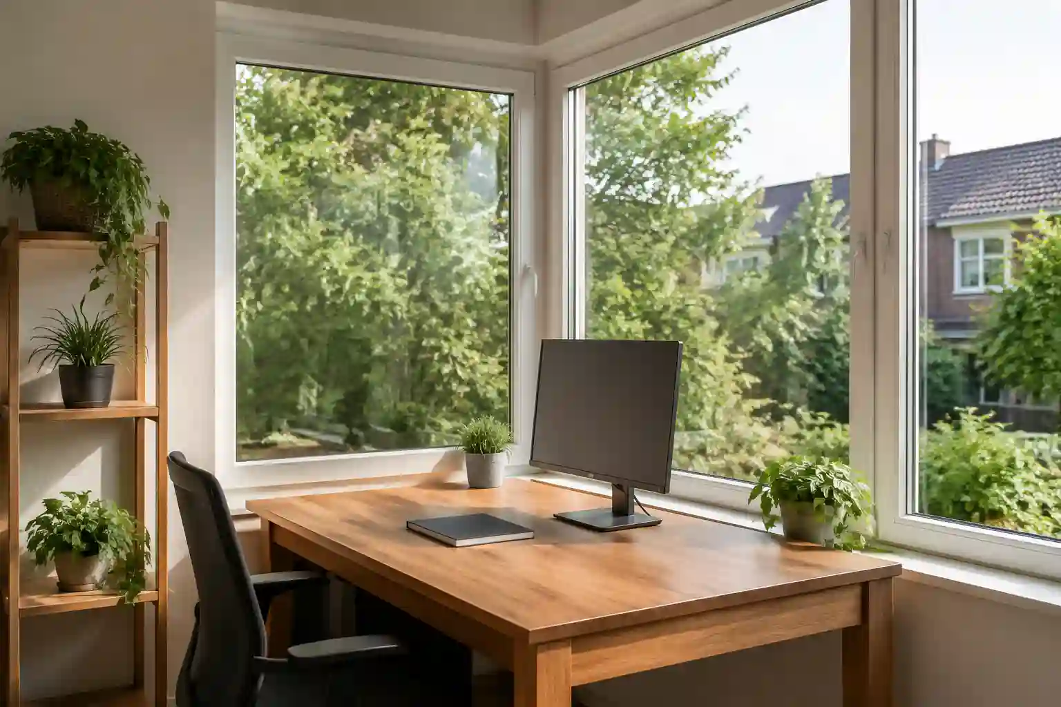 Schreibtisch in der Ecke unter einem Eckfenster mit gleichmaessigem Tageslicht von ecowindow
