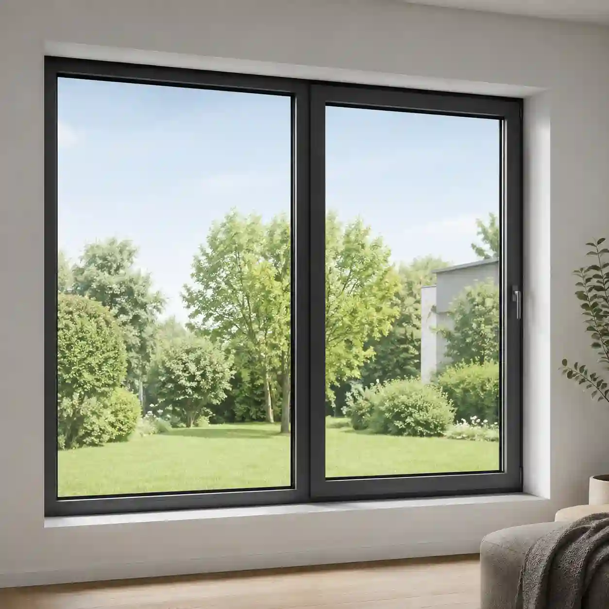 Fensterfront mit Festelement im Fluegel neben einem oeffenbaren Fluegel von ecowindow