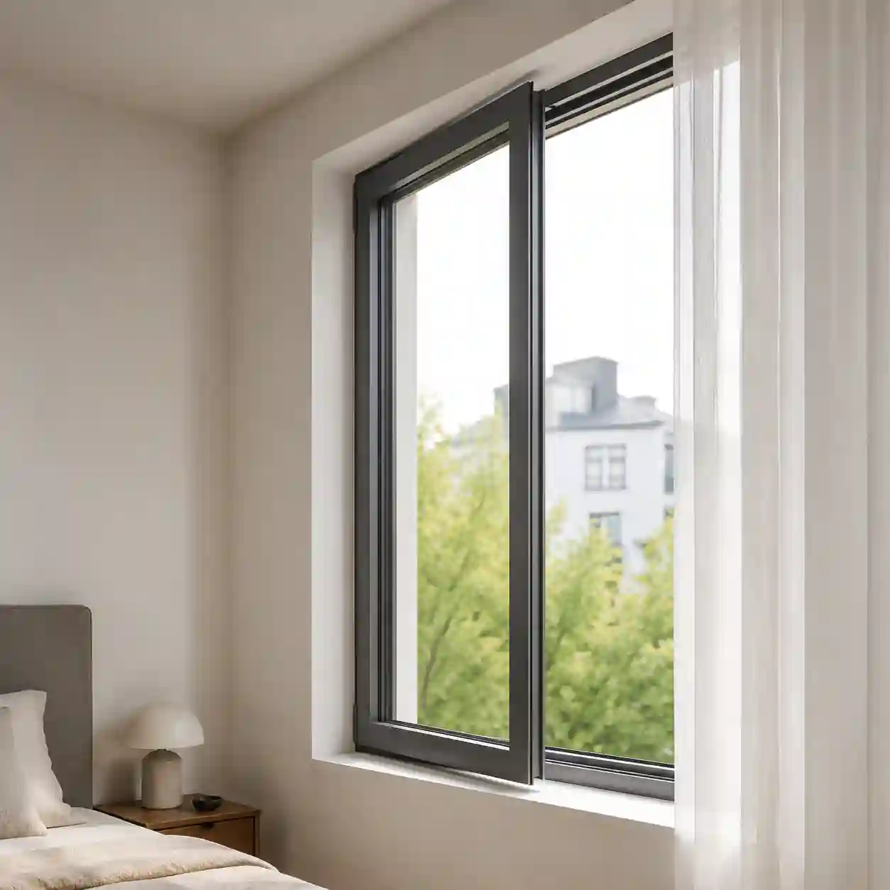 Geoeffnetes Fenster mit verdeckt liegendem Beschlag ohne sichtbare Baender von ecowindow