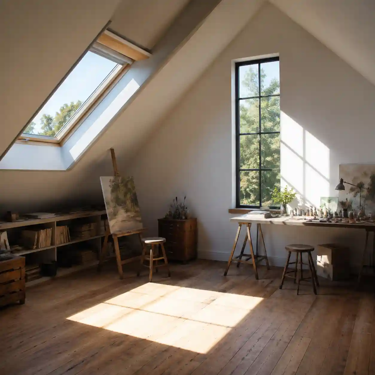Arbeitsraum unter dem Dach mit hohem Atelierfenster in der Giebelwand von ecowindow